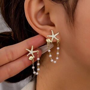 Starfish Pearl Tassel Earrings , 1 Pair Faux Pearl Chain and Seashell Earrings